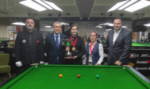 The finalists and officials pose at the baulk end of the table.