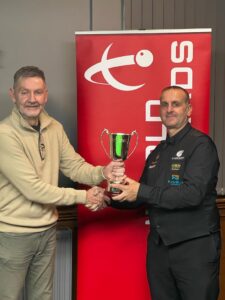 David Causier is presented the English Open trophy as they pose for a photo.